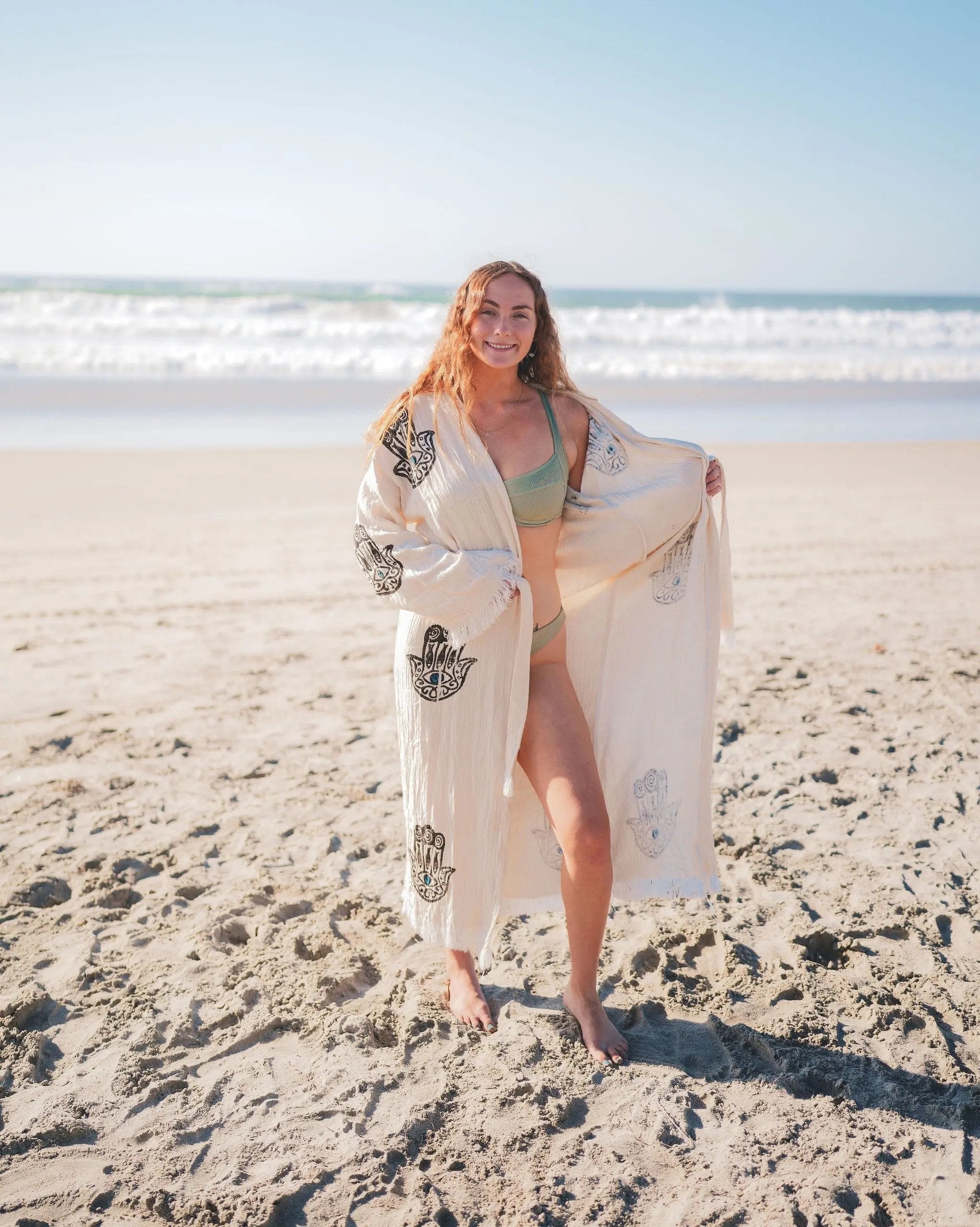 Muslin Cotton Kimono Bathrobe Hamsa Hand Print - Love Salve